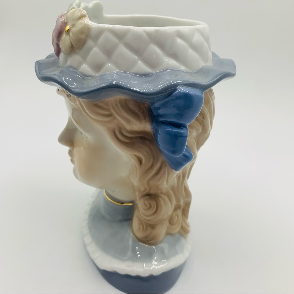 Large Vintage Ceramic Lady Head Vase Planter – 7” Tall Pastel Flowers & Hat - Picture 6 of 11